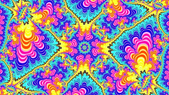 Camera movement inside a multicolor bright fractal. Fractal sequence patterns 3D. For yoga or clubs or shows, mandala, fractal animation.