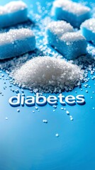 A pile of sugar rests on a blue background with a warning message written "Diabetes". Sugar or sweets with the reality of the health risks associated with uncontrolled sugar consumption.