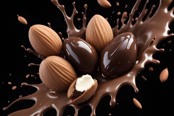 almonds, and chocolate splashed on a dark background
