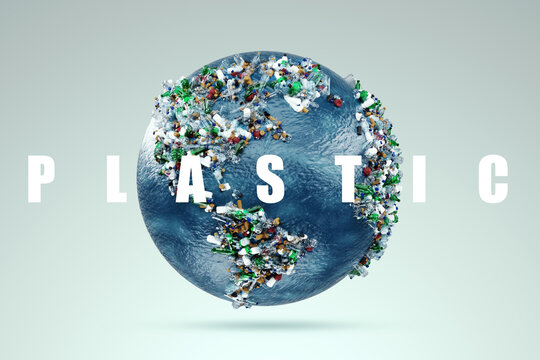 Plastic pollution concept, earth map composed of trash, plastic waste. 3D rendering, Copy space