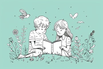 Children's reading a book together. International Children's Book Day illustration