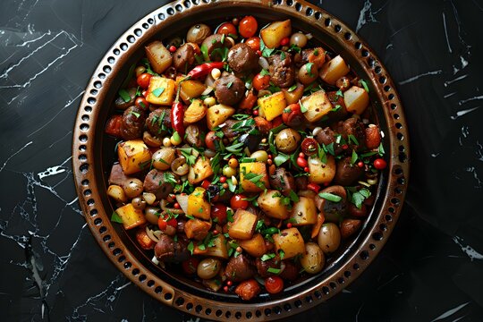 Rfissa on a black background top view Moroccan Cuisine. Concept Moroccan Cuisine, Rfissa, Black Background, Top View, Food Photography