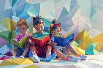 Children's reading a book together. International Children's Book Day illustration