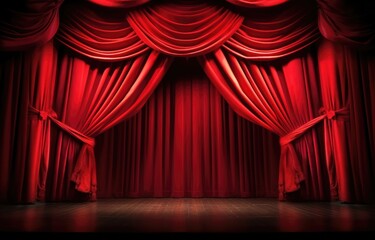 Fototapeta premium Red theater curtain repeat pattern for performance or promotion backdrop. Luxurious silky velvet tile drapes texture.