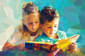 Children's reading a book together. International Children's Book Day illustration