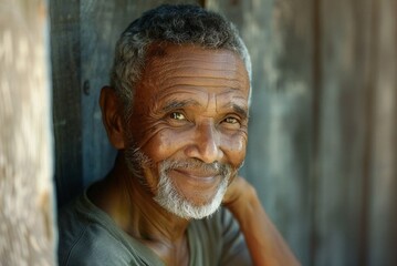 photo of an older multiracial man, half East African and Northern European, still bright green admiring eyes and handsome face, gray hair cut short