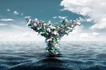 Concept plastic in the ocean, whale tail consisting of plastic bottles and trash sticking out of...