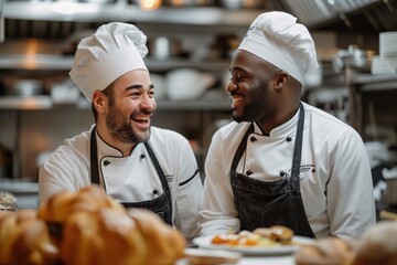 Two chefs in a bakery smiling and discussing their craft surrounded by bread