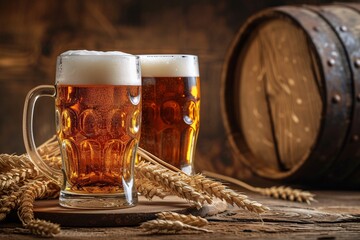 Frothy beer mugs sit invitingly by a wooden barrel, echoing the themes of relaxation and craftsmanship