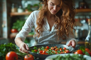 A woman carefully seasoning a pan of fresh cherry tomatoes and herbs in a kitchen setting