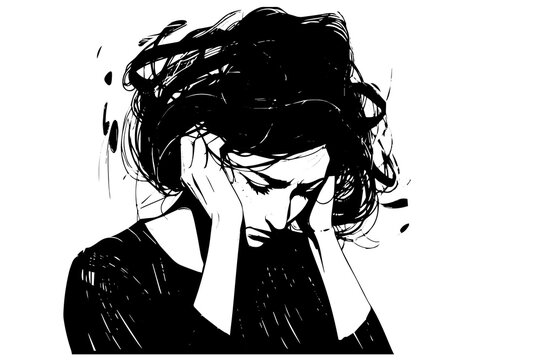 Woman have pain in head. Stress, unhappy, sad female vector sketch