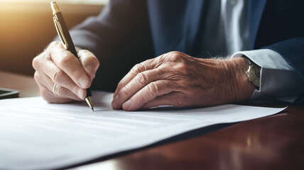 Closeup hand old man elderly examining and signing last will and testament. Last Will and Testament Concept. 