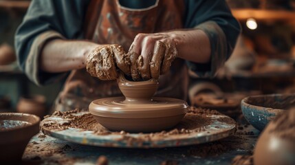 Close-up of an artisan's hands skillfully shaping wet clay on a spinning pottery wheel, surrounded by tools and unfinished pieces. Resplendent.