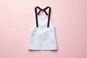 A white apron with contrasting black straps laid out flat against a soft pink background - obrazy, fototapety, plakaty