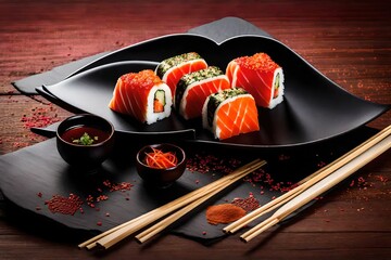 sushi on a plate, Immerse yourself in the culinary artistry of Japanese cuisine with a love heart-shaped sushi roll, meticulously crafted to ignite passion and delight