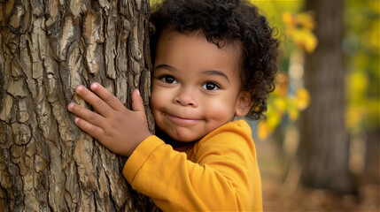 Boy hugging a tree in the forest