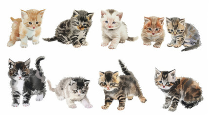 Fototapeta premium Cute fluffy tabby kittens bundle isolated on white watercolor illustration clipart