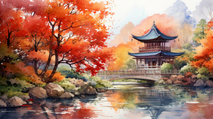 Japanese temple shrine and red maple garden in autumn, tranquil watercolor painting