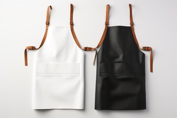 Elegant black and white aprons with brown leather straps hang side by side, ready for culinary action