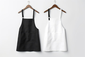 A set of two aprons, one black and one white, presented on hangers for a clean mockup, perfect for showcasing print designs