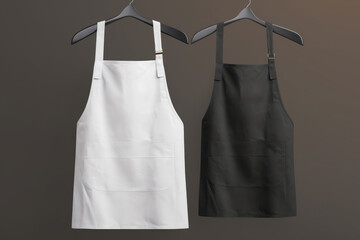 A striking pair of white and black aprons, each hanging gracefully, showcase a blend of functionality and style
