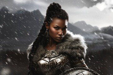 A black female warrior with silver armor poses with a snow-covered mountain backdrop