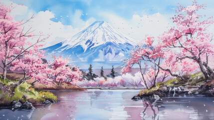 Mountain Fuji in spring with river and japanese sakura cherry blossom tree, tranquil watercolor painting - obrazy, fototapety, plakaty