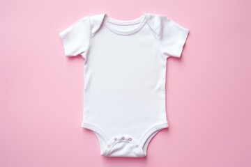 A chic, white baby bodysuit mockup lying flat on a pink background, emphasizing simplicity and style