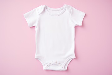 A white baby bodysuit mockup on a pink backdrop, ideal for showcasing design and fashion for infants