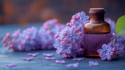 Keuken spatwand met foto Quaint amber glass bottle nestled among fresh purple lilac flowers on a rustic wooden background © losmostachos
