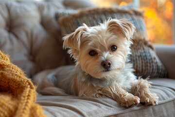 A cute small dog peers from behind a blank sign, nestled comfortably on a plush sofa with soft, homey ambiance