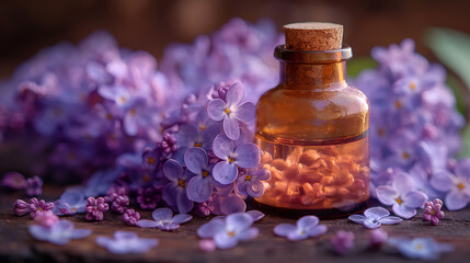 Quaint amber glass bottle nestled among fresh purple lilac flowers on a rustic wooden background