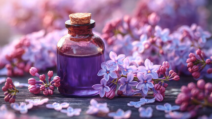 Quaint amber glass bottle nestled among fresh purple lilac flowers on a rustic wooden background