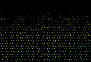 Dark green, yellow vector background with signs of alphabet.