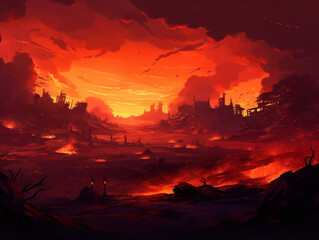 Fiery dusk sky over battlefield, silhouettes of soldiers in the distance fight among ruins.