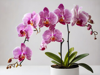 Pink orchids in pot on white background. Studio shot.