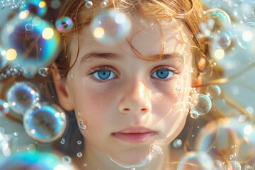 Intriguing close-up of a young girl's face with striking blue eyes framed by shimmering soap bubbles and sunlight