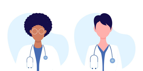 Fototapeta premium Set of vector illustrations of a woman and a man doctor. Family doctors. Health care concept. 