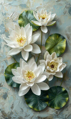 Elegant white water lilly flowers and green leaves on a textured marble background.