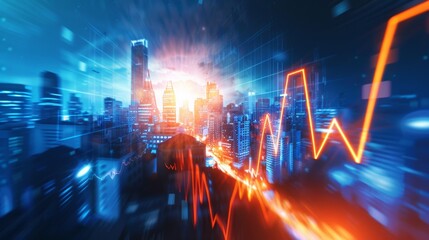 A city skyline with a rising graph line and bright lights, AI