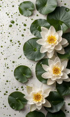Elegant white water lilly flowers and green leaves on a textured spotted background.