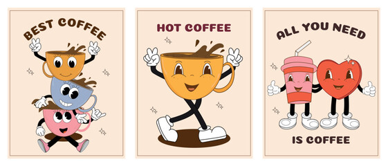 A set of posters with funny characters in groove style. Vintage vector illustration of coffee mascots. Latte, cappuccino, coffee cup and heart mascot. Retro 60s, 70s, 80s.