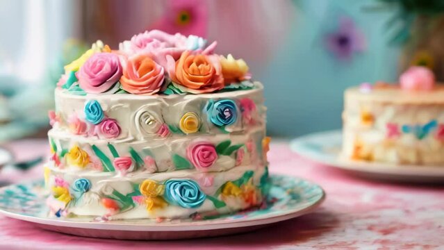 Cream cake with colorful roses