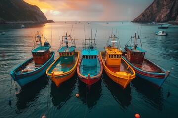 Vibrant fishing boats anchored in a calm harbor with a dramatic mountain backdrop at dusk