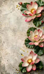 Lotus flowers against a grunge, textured wall in natural tones.