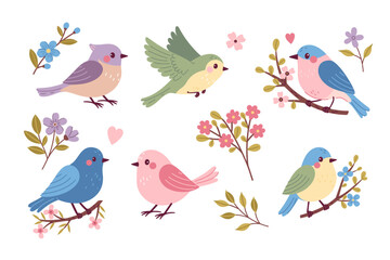 Set of cute spring songbirds and flowers. Vector graphics.