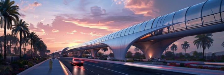 Futuristic Monorail on Sunset Cityscape - A concept of modern transportation with a monorail crossing through a scenic sunset cityscape showing innovation