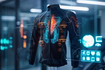 Futuristic motorcycle jacket design display - A holographic display of a high-tech futuristic motorcycle jacket with illuminated details - obrazy, fototapety, plakaty