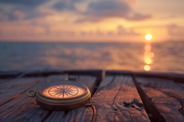 Golden Sunset and Compass on Wooden Dock - A serene image capturing a compass on a weathered wooden dock during a beautiful golden sunset over water