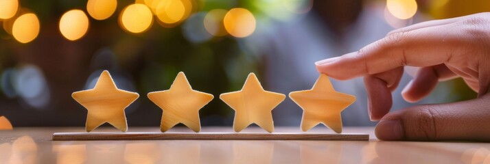 Hand rating with five golden stars - A hand placing the fifth golden star in a row, symbolizing top quality service or product rating - obrazy, fototapety, plakaty